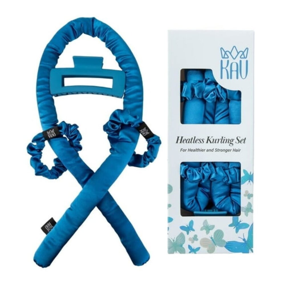 KAV Satin Heatless Curling Rod with Clip and Scrunchie Set, 4pcs set - Blue
